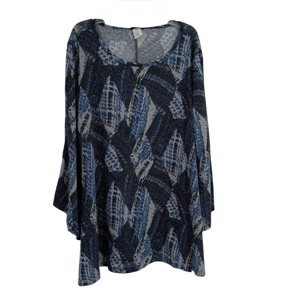 Cocomo Sparkle Top Blouse Bell Sleeves size XL Blue Stretch Geometric Pullover